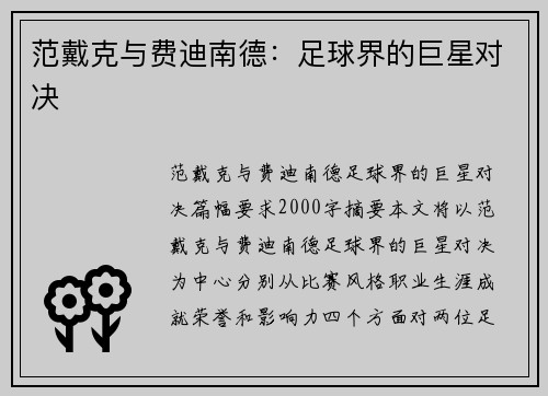范戴克与费迪南德：足球界的巨星对决